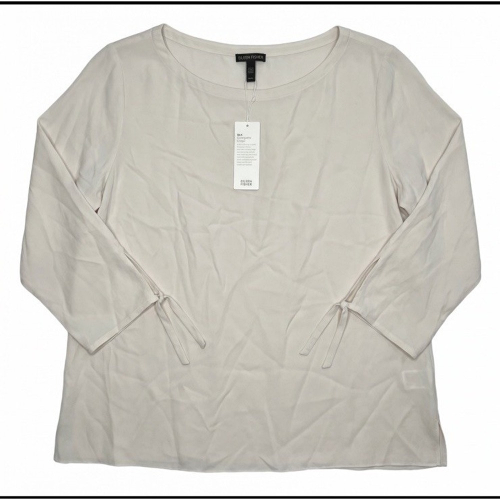 NWT $278 Eileen Fisher BONE Silk Crepe Bateau Neck Tie Sleeve Blouse Size M NEW